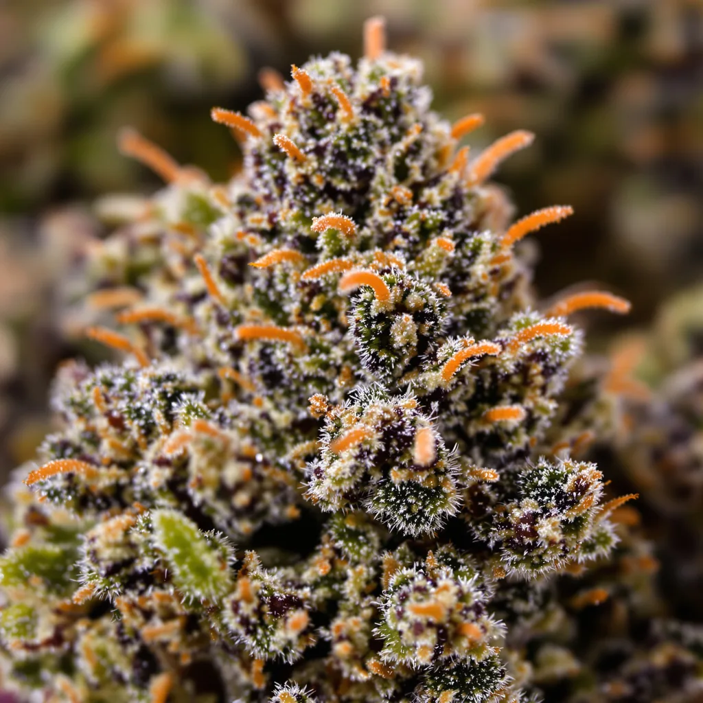 Gros plan de fleur de cannabis Lemon Daddy montrant calices denses aux reflets violets