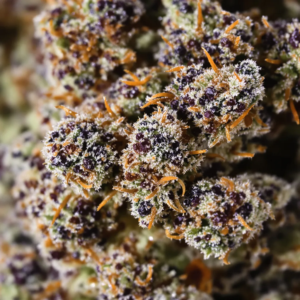 Gros plan de fleur de cannabis Lemon Drizzle montrant calices denses aux reflets violets