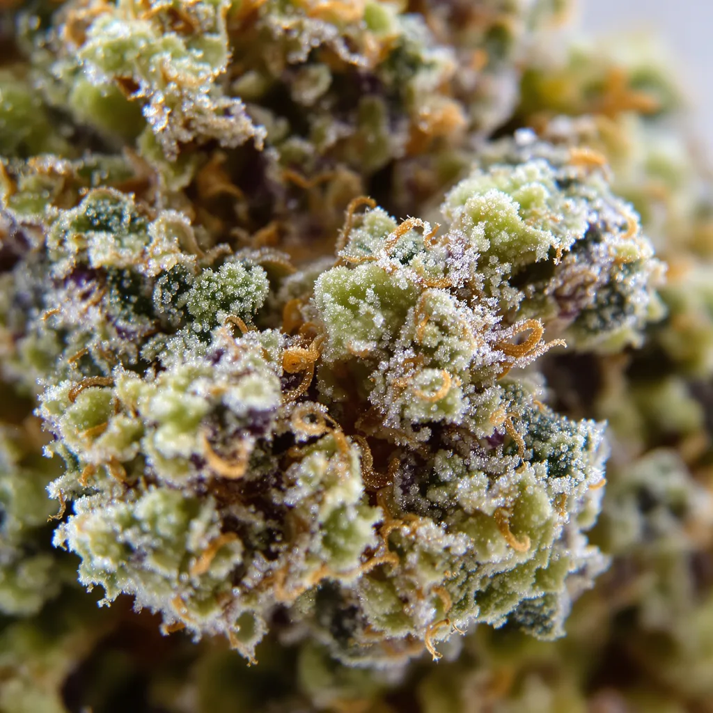 Gros plan de fleur de cannabis Lemon Drop montrant structure équilibrée avec trichomes givrés