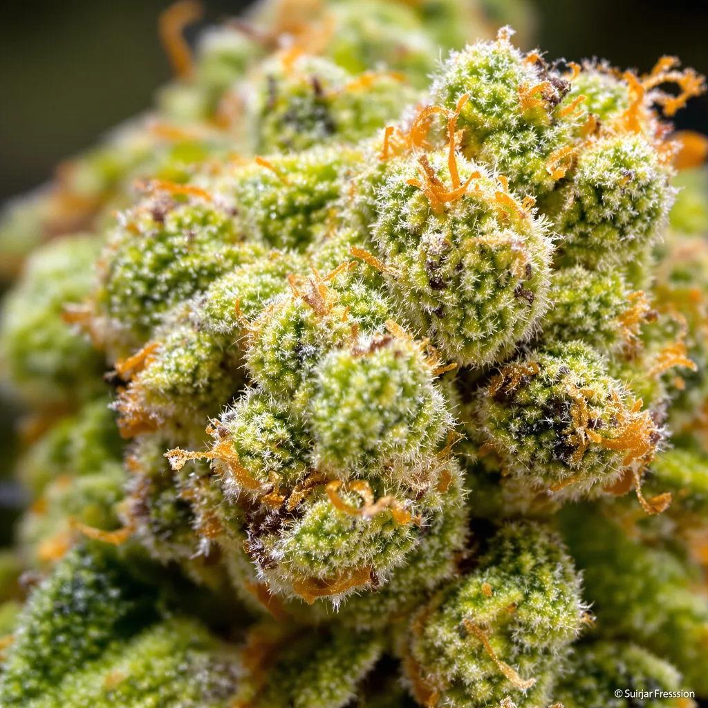 Gros plan de fleur de cannabis Lemon Fire montrant structure aérée vert lime