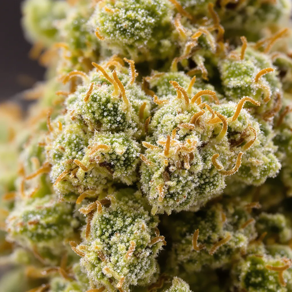 Gros plan de fleur de cannabis Lemon G montrant structure aérée vert lime
