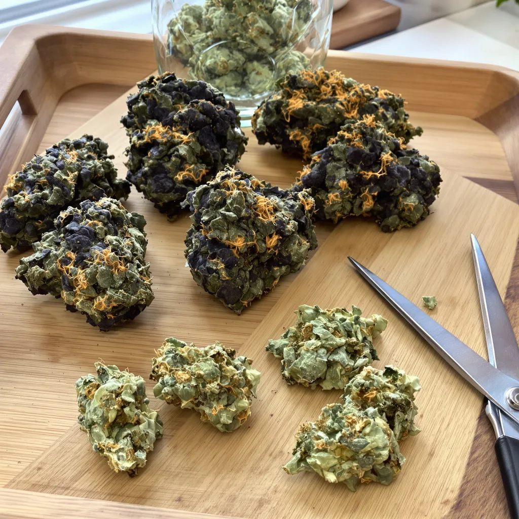 Lemon Garlic OG 78% indica / 22% sativa — fleur avec trichomes visibles