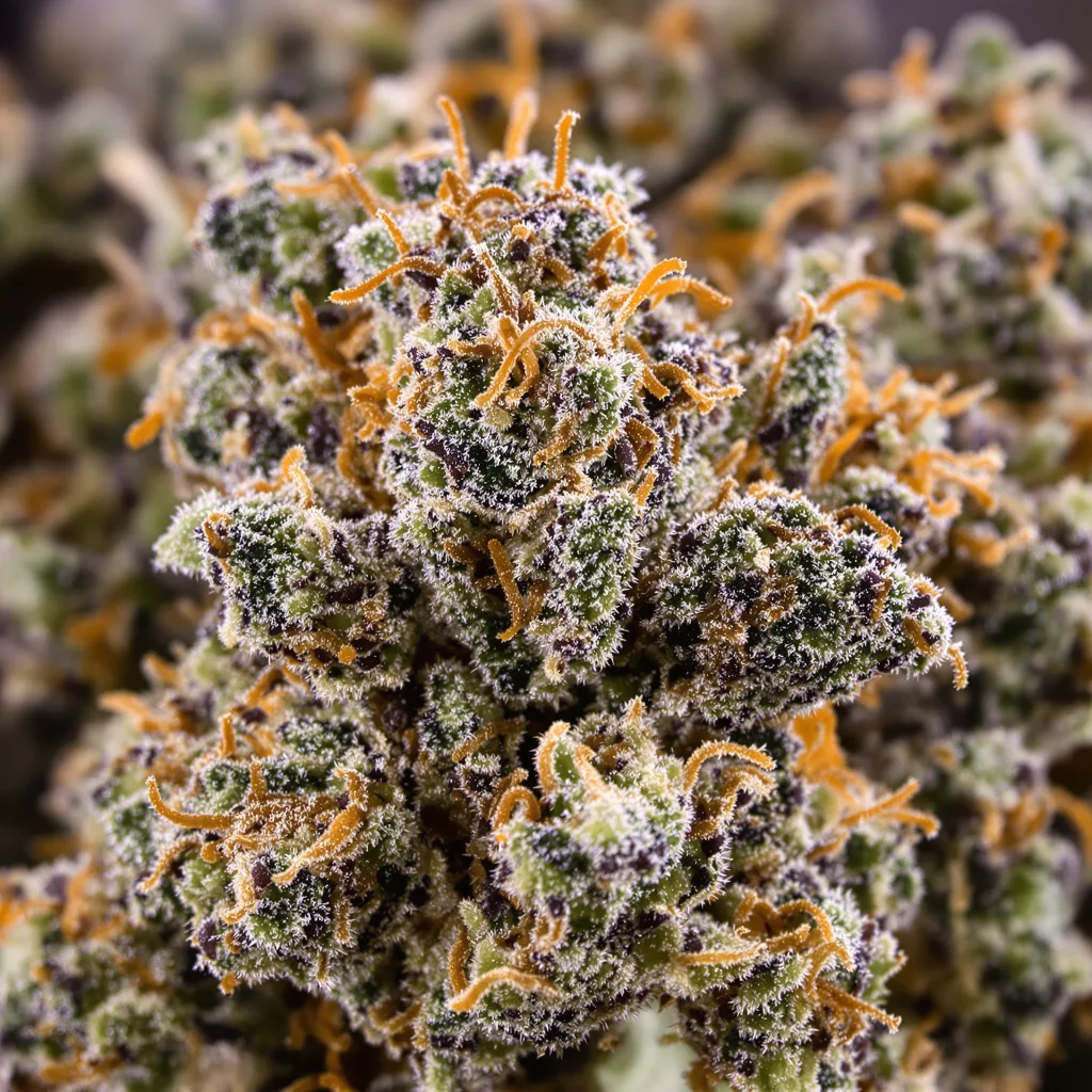 Gros plan de fleur de cannabis Lemon Garlic OG montrant calices denses aux reflets violets