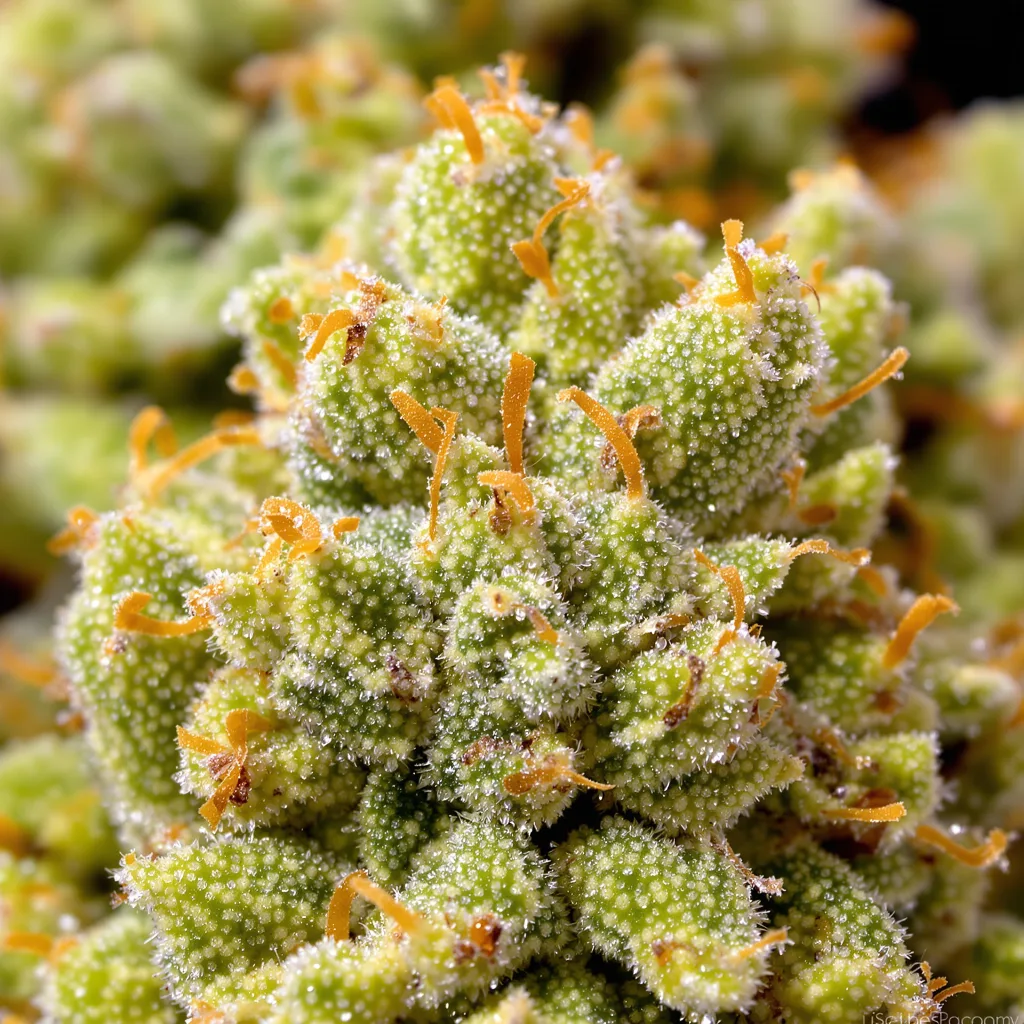Gros plan de fleur de cannabis Lemon Jack montrant structure aérée vert lime