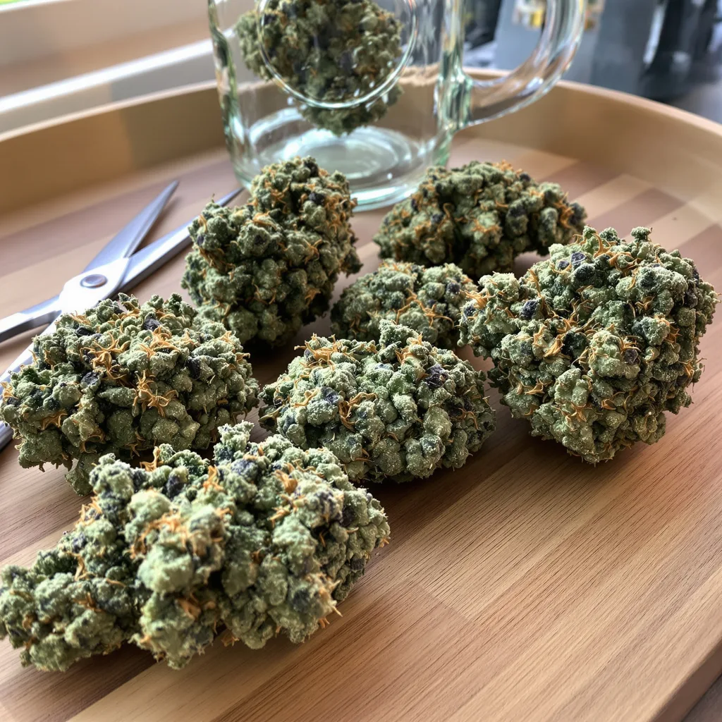 Lemon Kush 50% indica / 50% sativa — fleur avec trichomes visibles