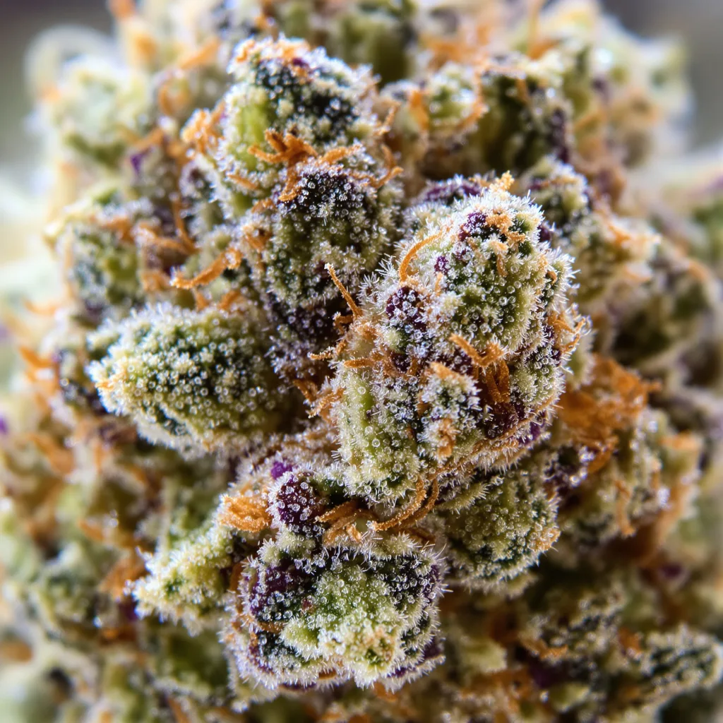 Gros plan de fleur de cannabis Lemon Skunk montrant structure ouverte avec pistils orangés