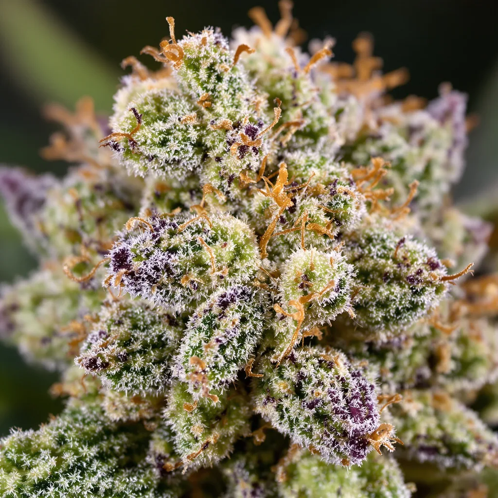 Gros plan de fleur de cannabis Lemon Thai montrant nugs denses vert forêt