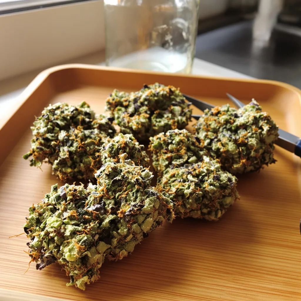 Lethal Purple 38% indica / 62% sativa — fleur avec trichomes visibles