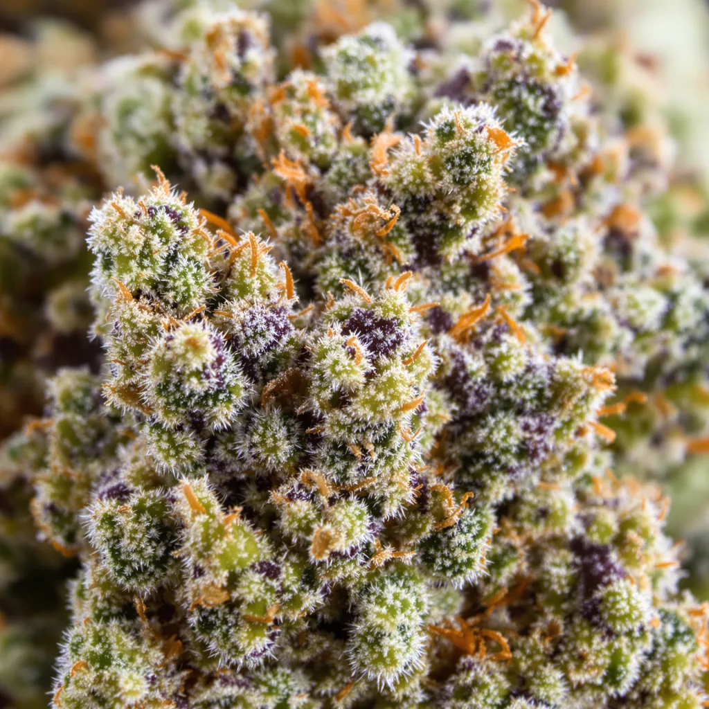 Gros plan de fleur de cannabis Lethal Purple montrant structure ouverte avec pistils orangés
