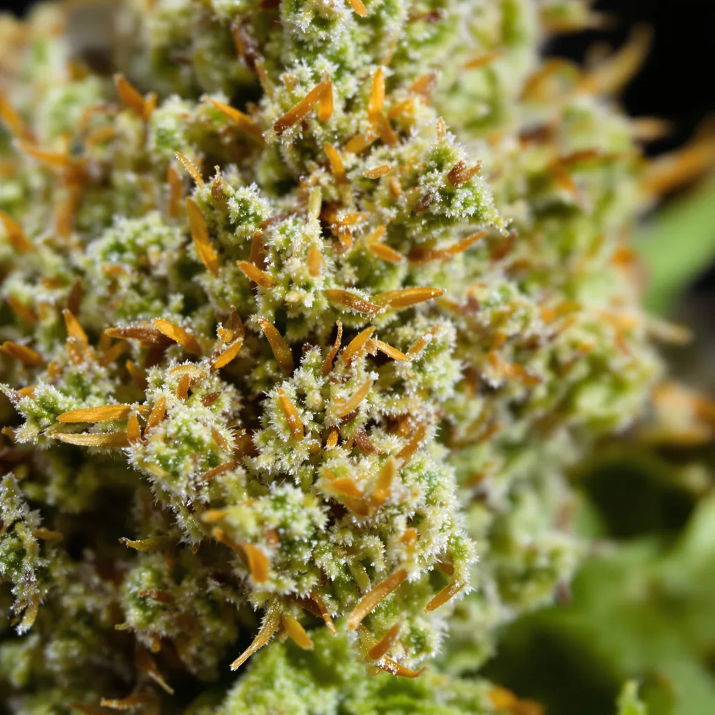 Gros plan de fleur de cannabis Liberty Haze montrant structure aérée vert lime