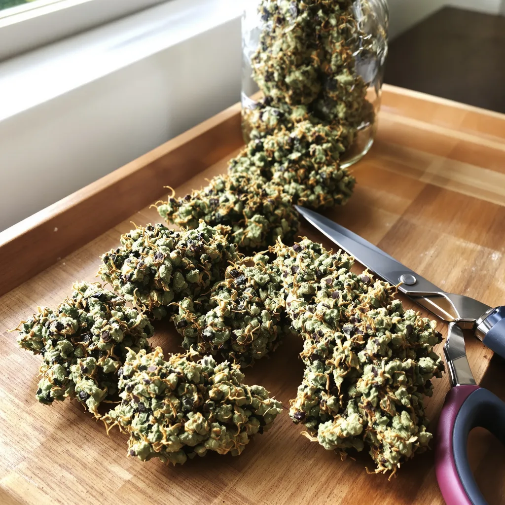 Lime Purple Mist 74% indica / 26% sativa — fleur avec trichomes visibles