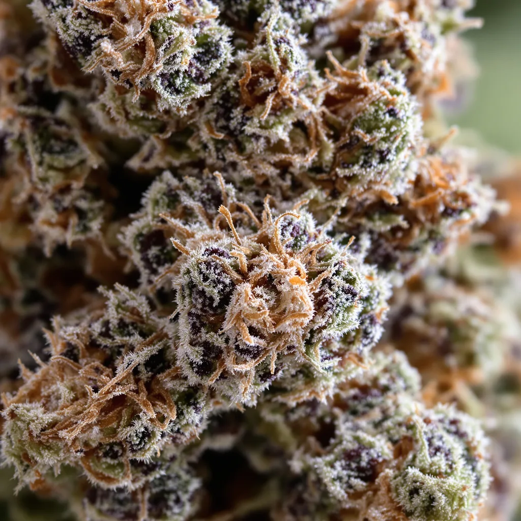 Gros plan de fleur de cannabis Lime Purple Mist montrant calices denses aux reflets violets