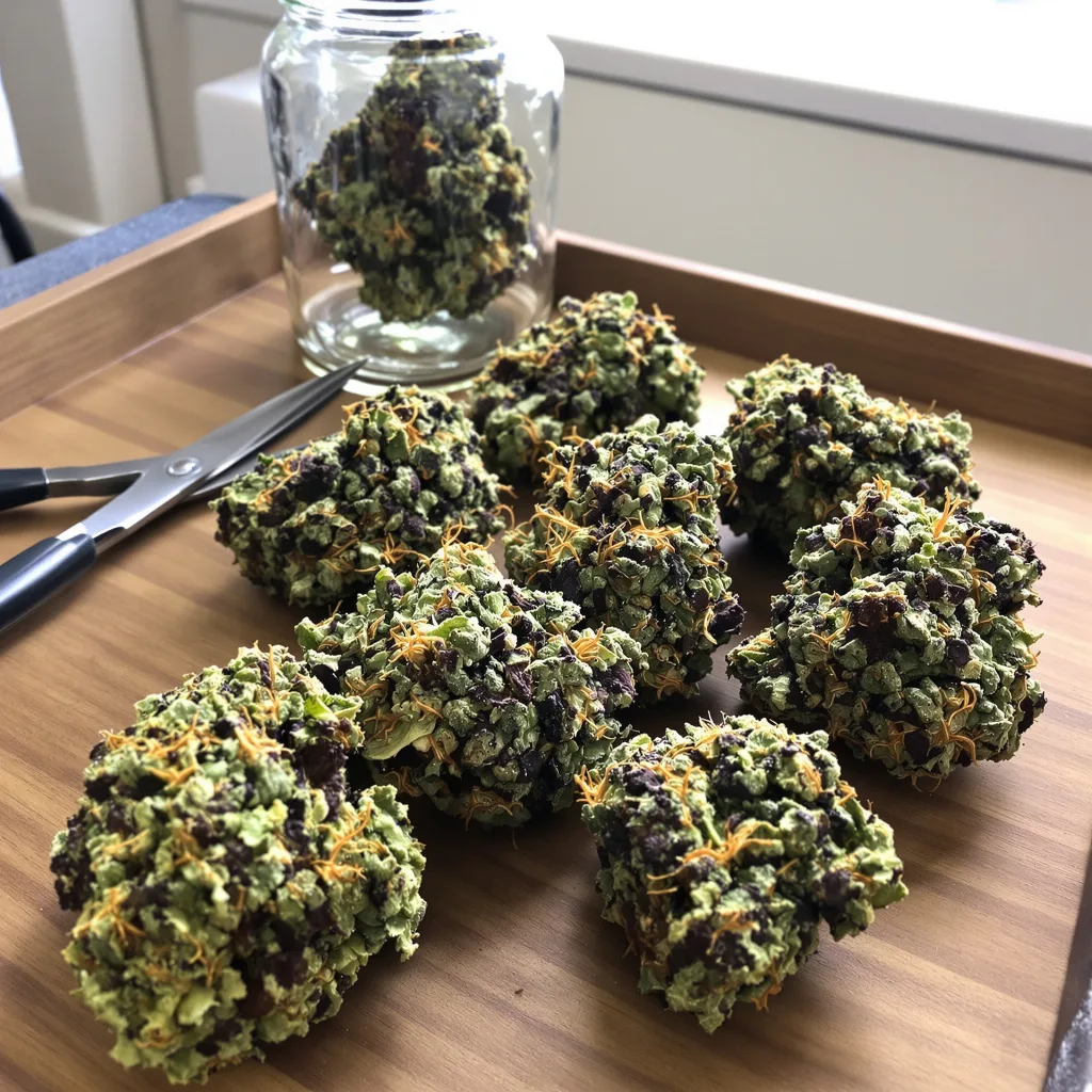 Liquid Butter 67% indica / 33% sativa — fleur avec trichomes visibles