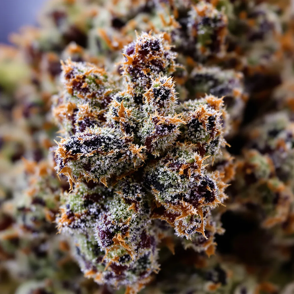Gros plan de fleur de cannabis Liquid Butter montrant calices denses aux reflets violets