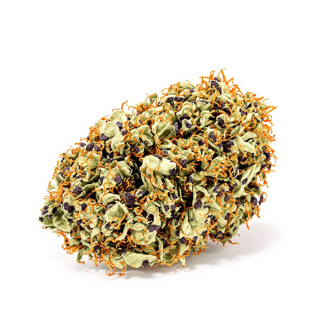 Liquid Butter 67% indica / 33% sativa — fleur avec trichomes visibles