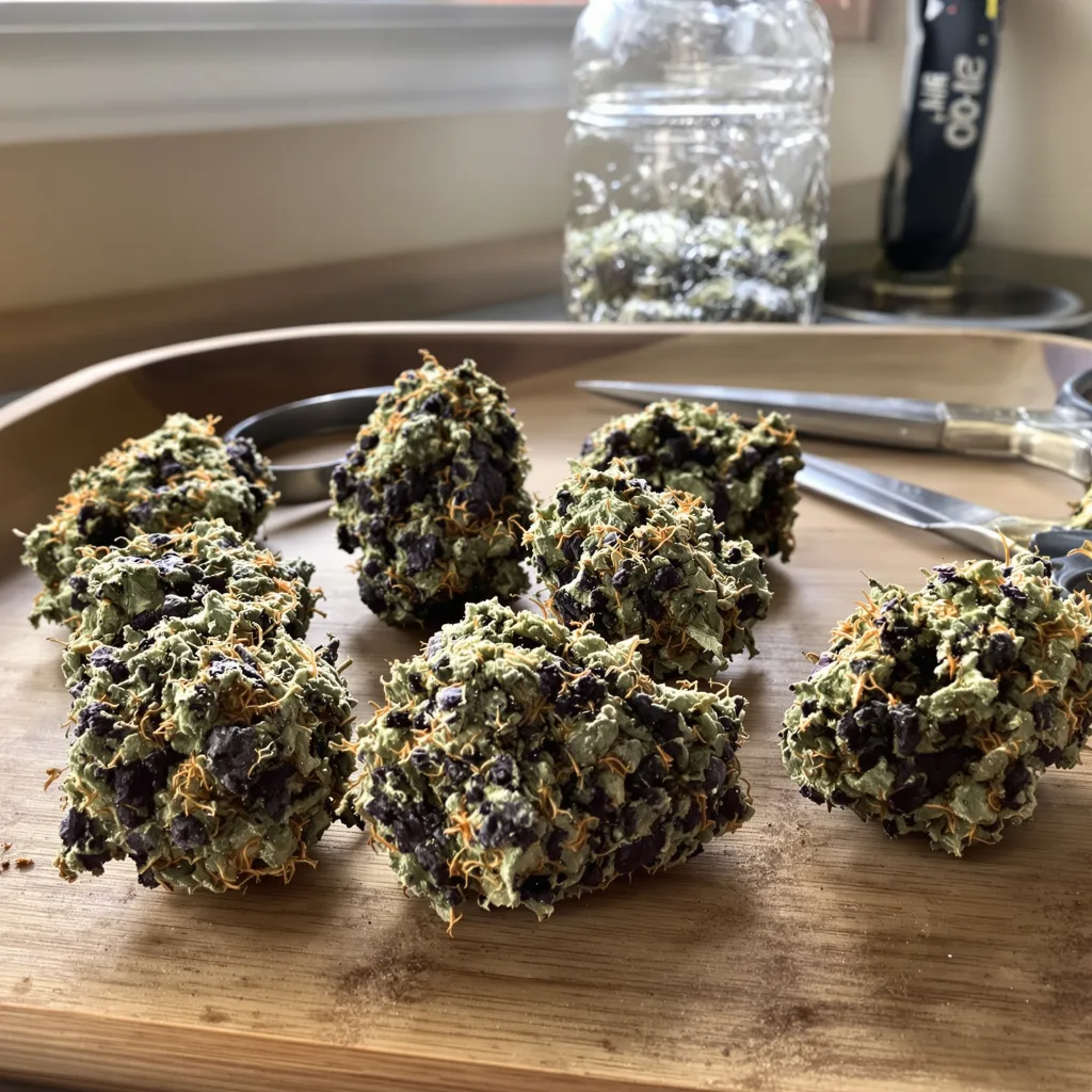 London Pound Cake 73% indica / 27% sativa — fleur avec trichomes visibles