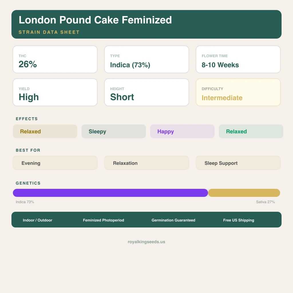 London Pound Cake 73% indica / 27% sativa — fleur avec trichomes visibles