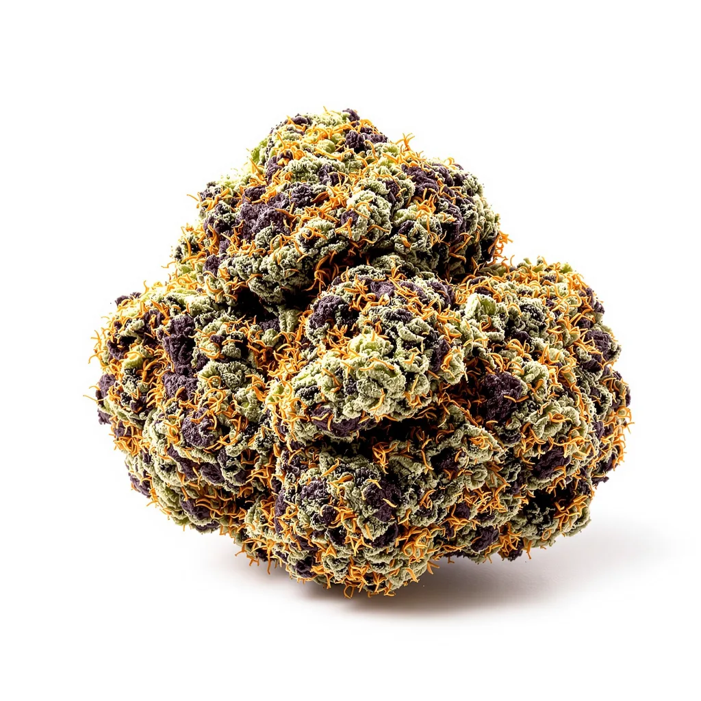 London Pound Cake 73% indica / 27% sativa — fleur avec trichomes visibles