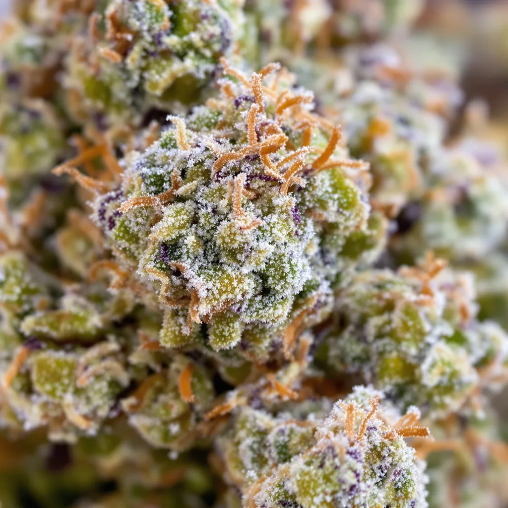 Gros plan de fleur de cannabis Longbottom Leaf montrant structure ouverte avec pistils orangés