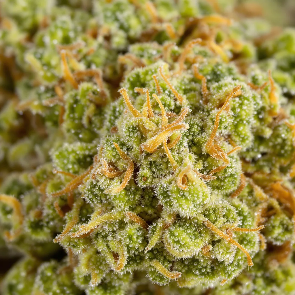 Gros plan de fleur de cannabis Love Potion #1 montrant structure aérée vert lime