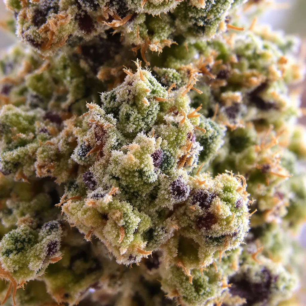 Gros plan de fleur de cannabis Lowryder montrant structure équilibrée avec trichomes givrés