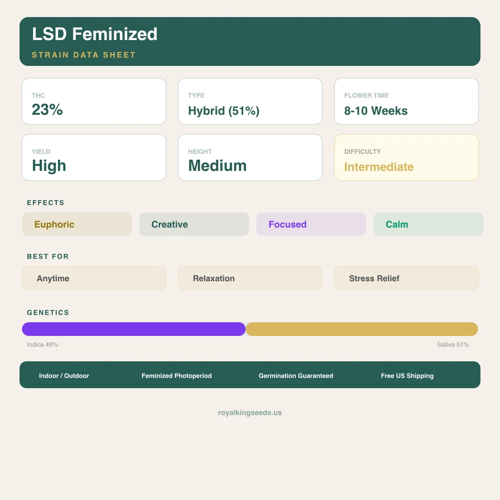 LSD 49% indica / 51% sativa — fleur avec trichomes visibles