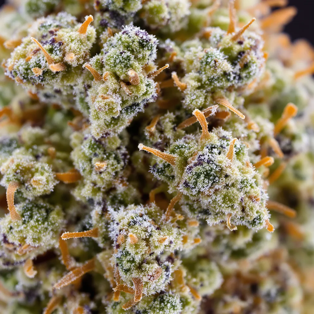 Gros plan de fleur de cannabis LSD montrant structure équilibrée avec trichomes givrés