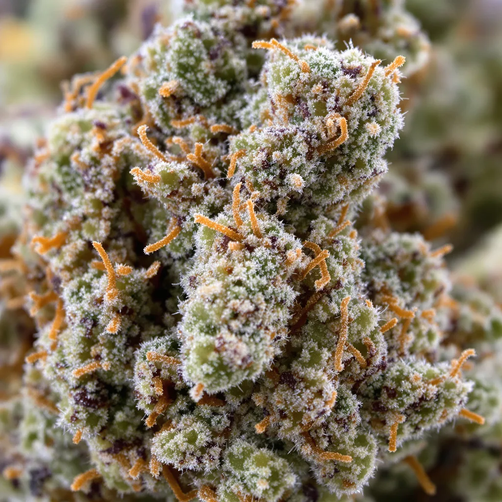 Gros plan de fleur de cannabis Lucid Blue montrant nugs denses vert forêt