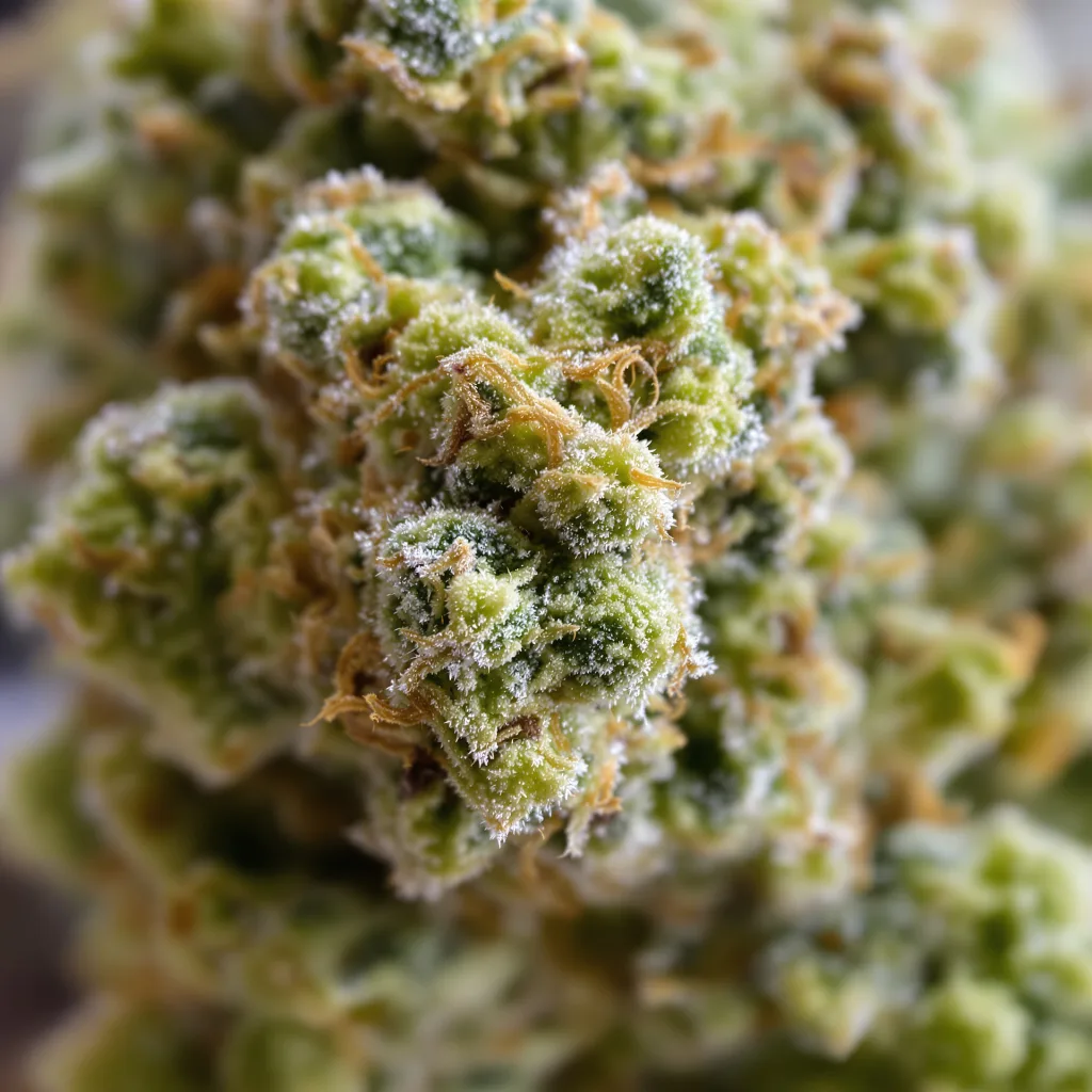Gros plan de fleur de cannabis Lucid Dream montrant structure aérée vert lime