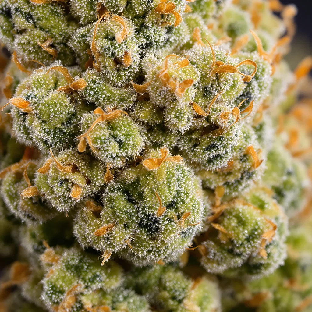 Gros plan de fleur de cannabis Lucid Dream Kush montrant structure aérée vert lime