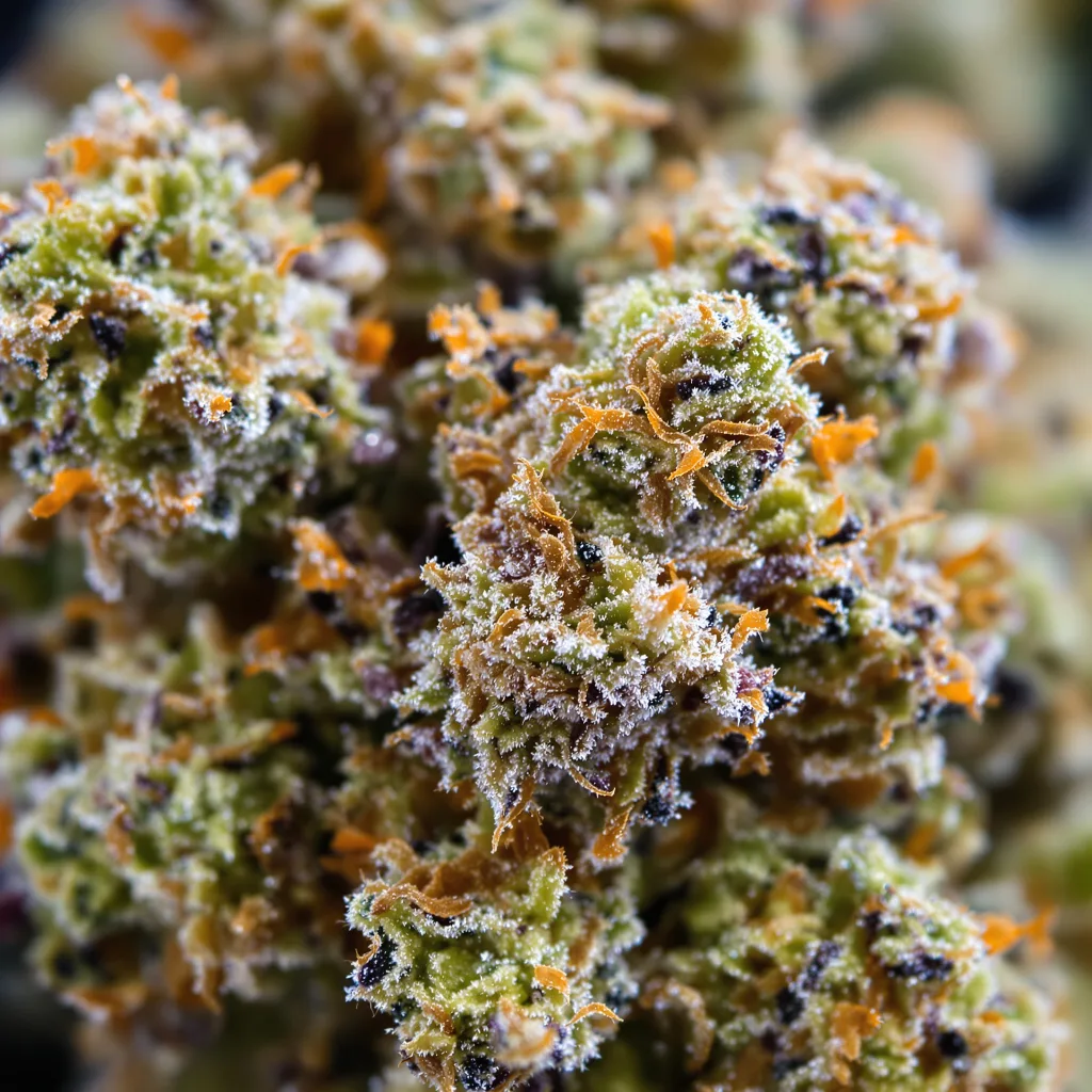 Gros plan de fleur de cannabis Lucky Charms montrant structure équilibrée avec trichomes givrés