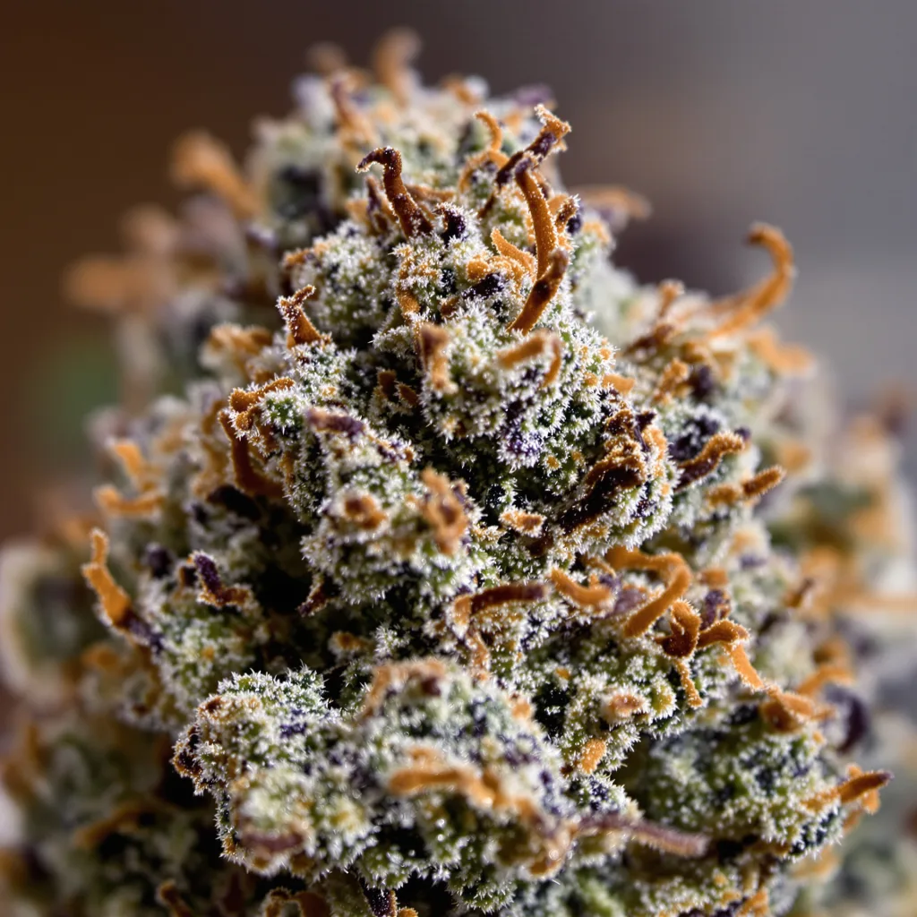 Gros plan de fleur de cannabis Lucky Dog montrant calices denses aux reflets violets