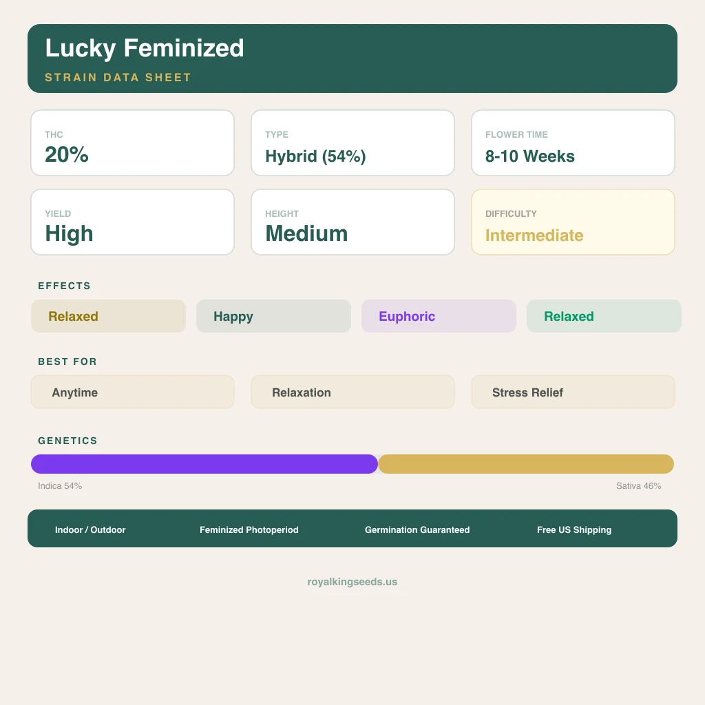Lucky 54% indica / 46% sativa — fleur avec trichomes visibles