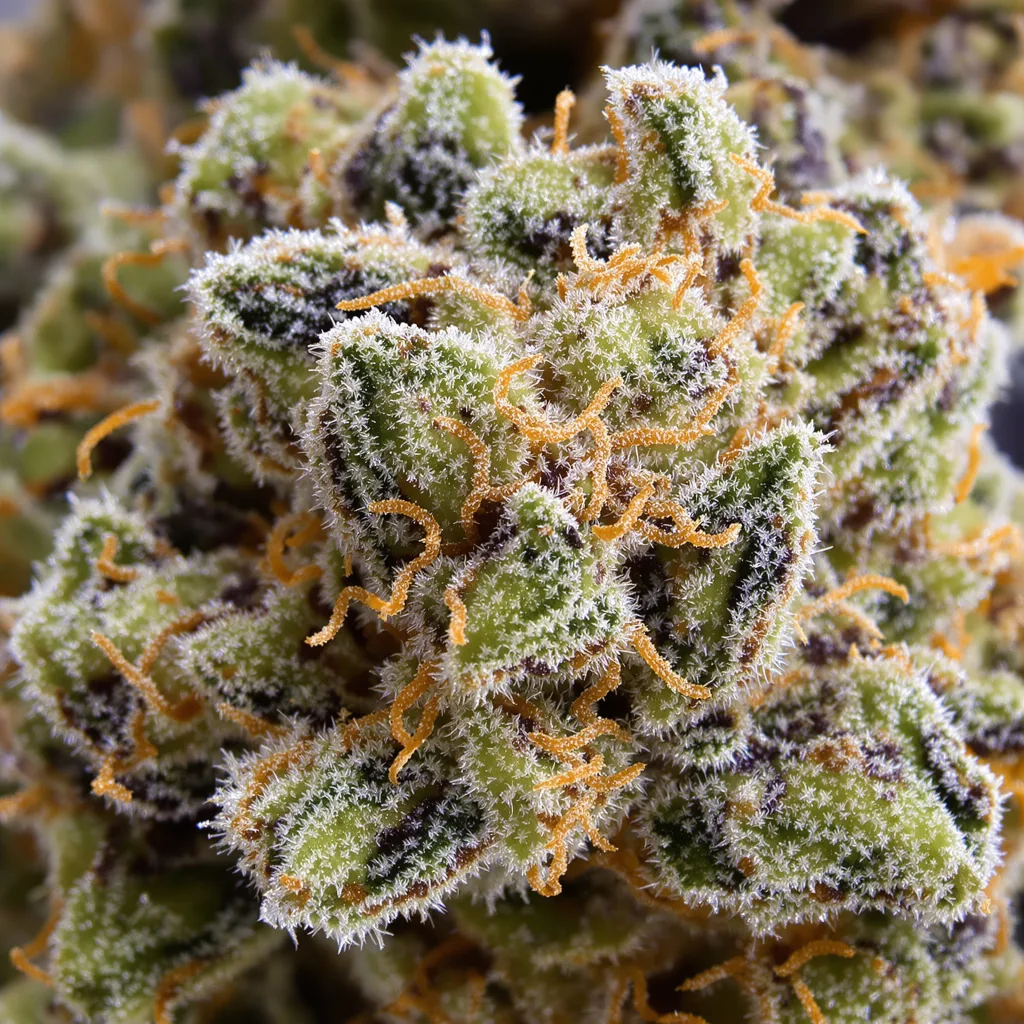 Gros plan de fleur de cannabis Lucky montrant structure équilibrée avec trichomes givrés