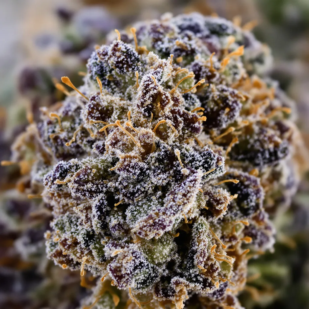 Gros plan de fleur de cannabis Mafia Funeral montrant calices denses aux reflets violets