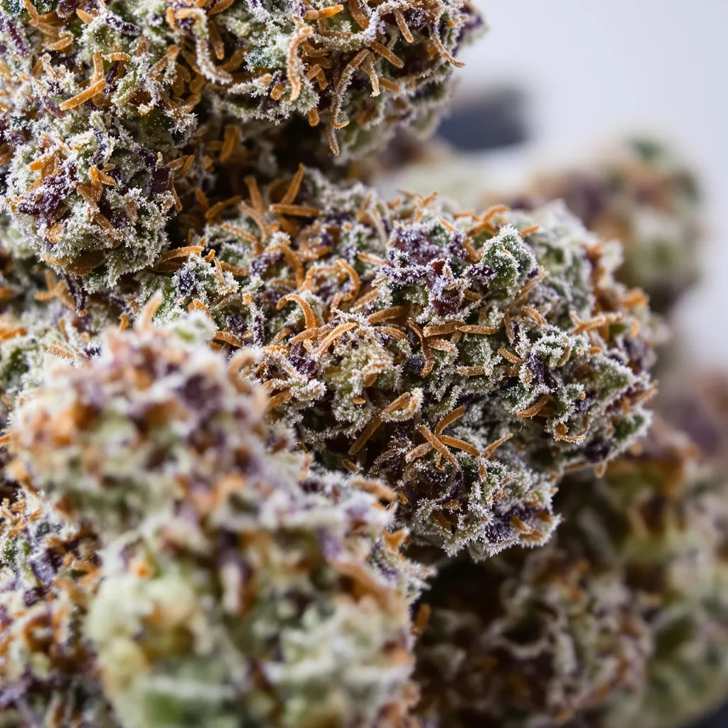 Gros plan de fleur de cannabis Mag Landrace montrant calices denses aux reflets violets