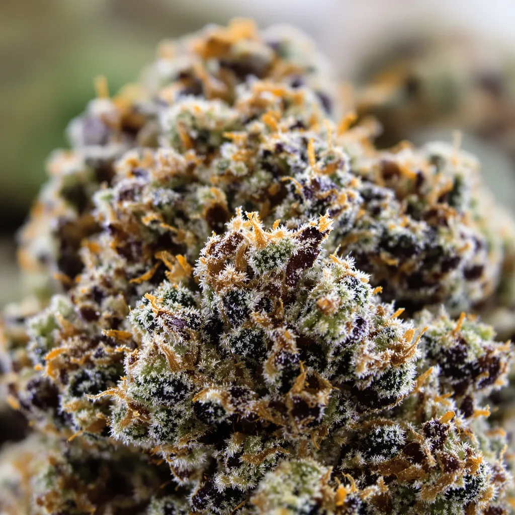 Gros plan de fleur de cannabis Magic Beans OG montrant calices denses aux reflets violets