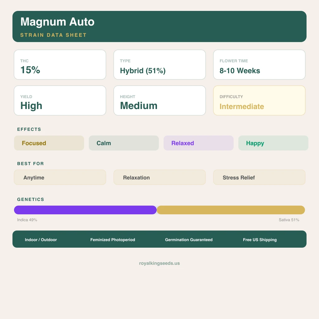 Magnum 49% indica / 51% sativa — fleur avec trichomes visibles