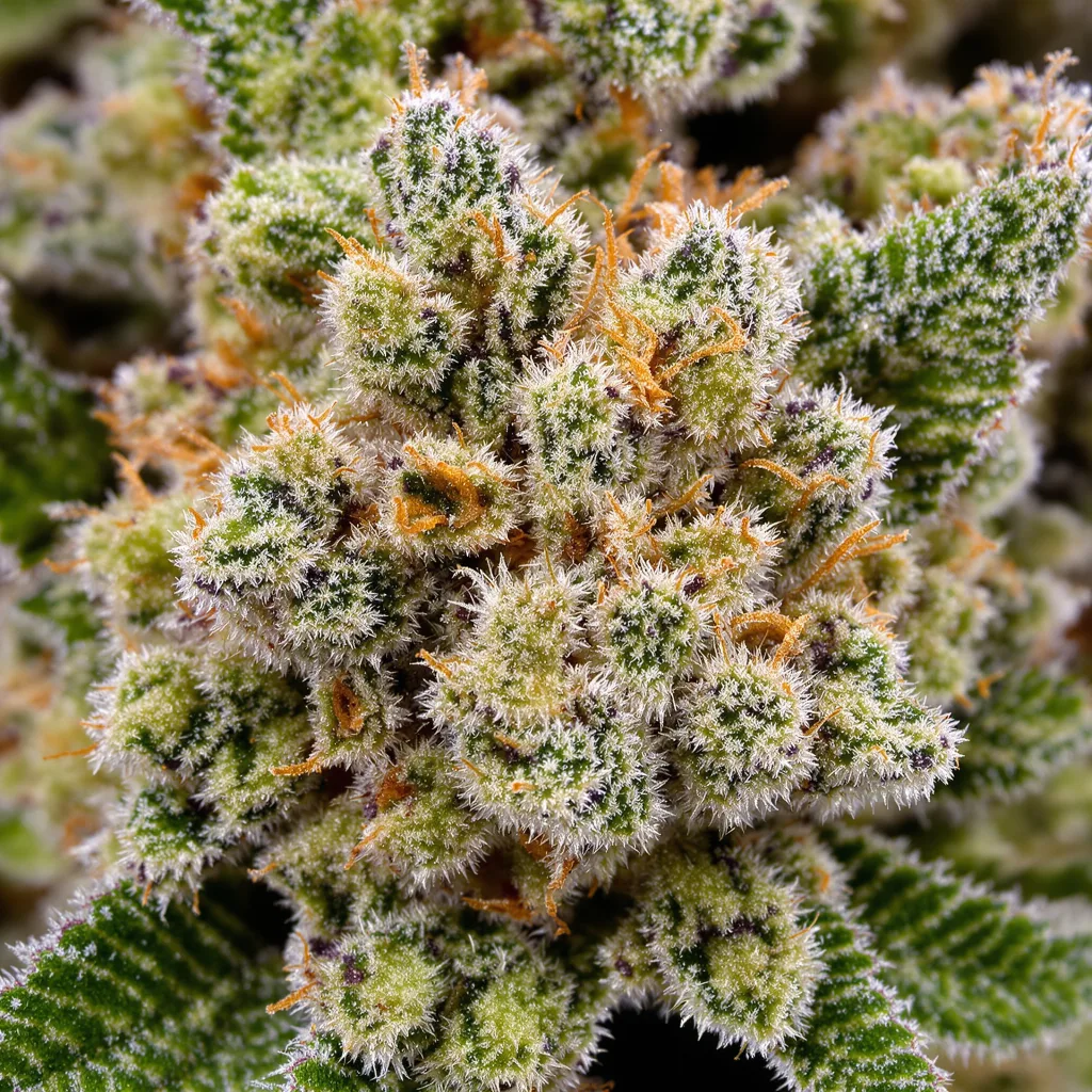 Gros plan de fleur de cannabis Magnum montrant structure équilibrée avec trichomes givrés