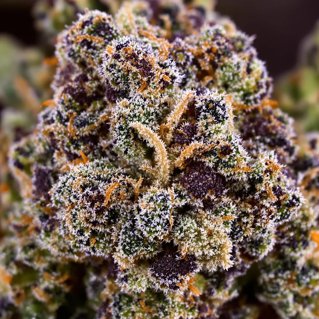 Gros plan de fleur de cannabis Majestic 12 montrant calices denses aux reflets violets