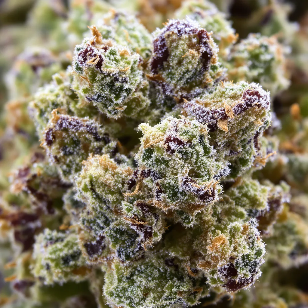 Gros plan de fleur de cannabis Mandala #1 montrant structure équilibrée avec trichomes givrés