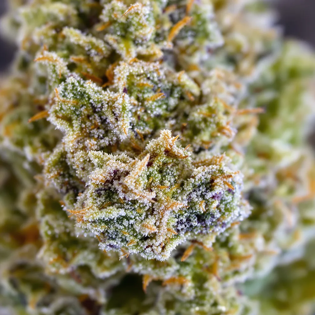 Gros plan de fleur de cannabis Mandala #1 montrant structure équilibrée avec trichomes givrés
