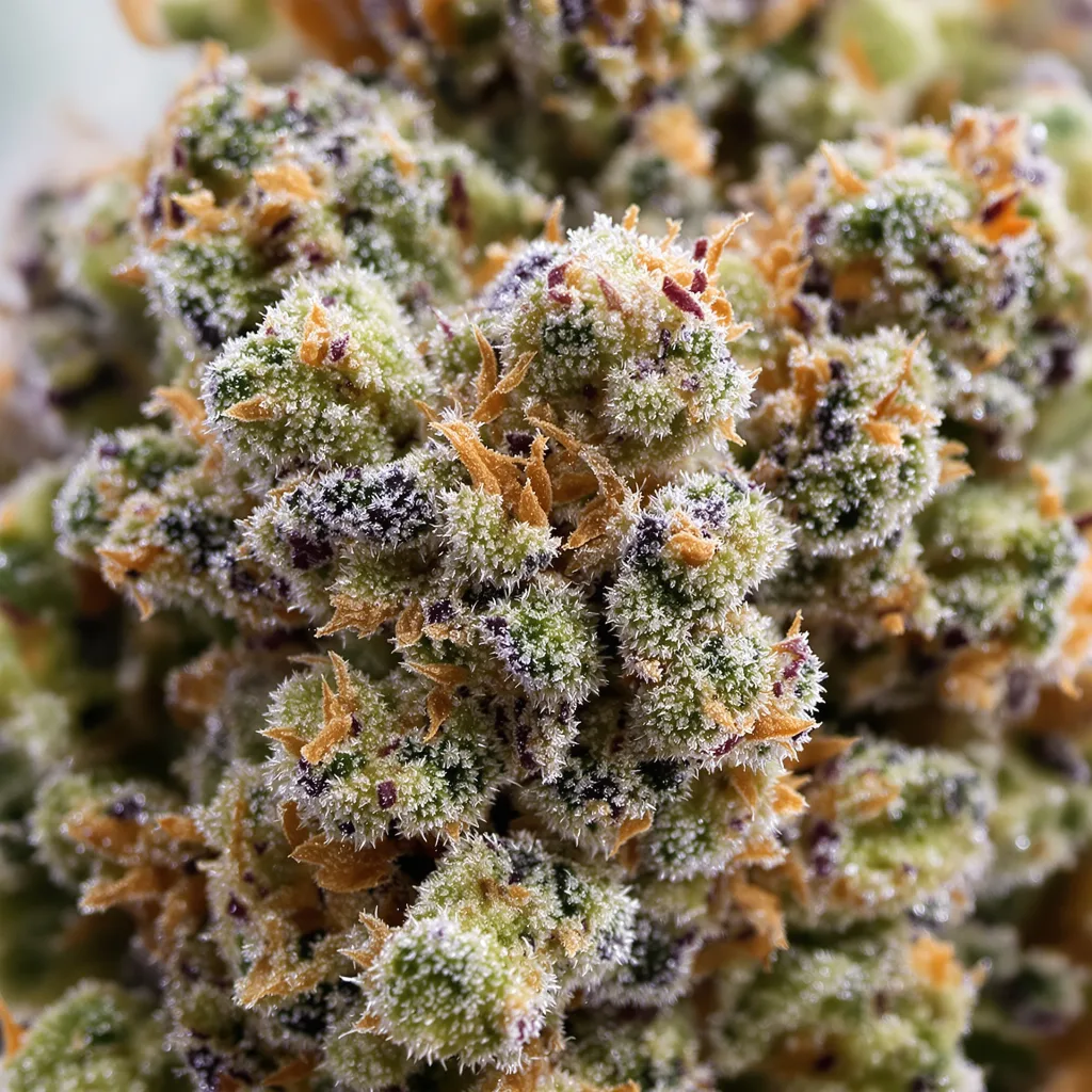 Gros plan de fleur de cannabis Mandarin montrant structure ouverte avec pistils orangés