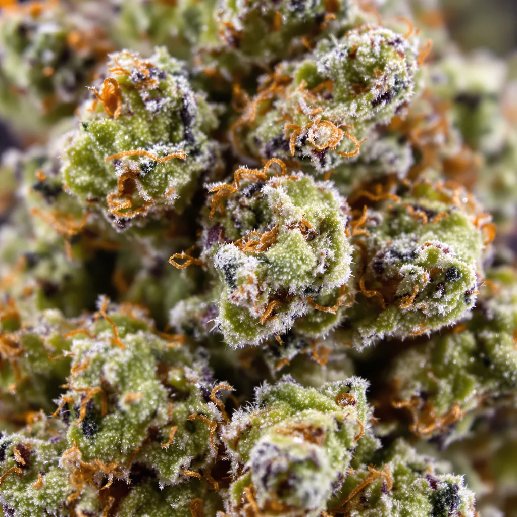 Gros plan de fleur de cannabis Mandarin montrant structure ouverte avec pistils orangés