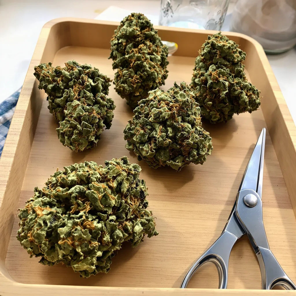 Mandarine 76% indica / 24% sativa — fleur avec trichomes visibles