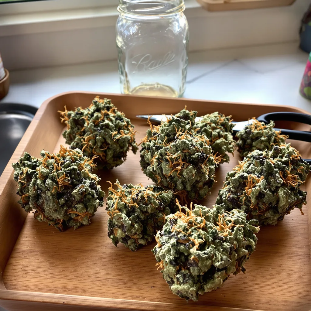 Mango 67% indica / 33% sativa — fleur avec trichomes visibles