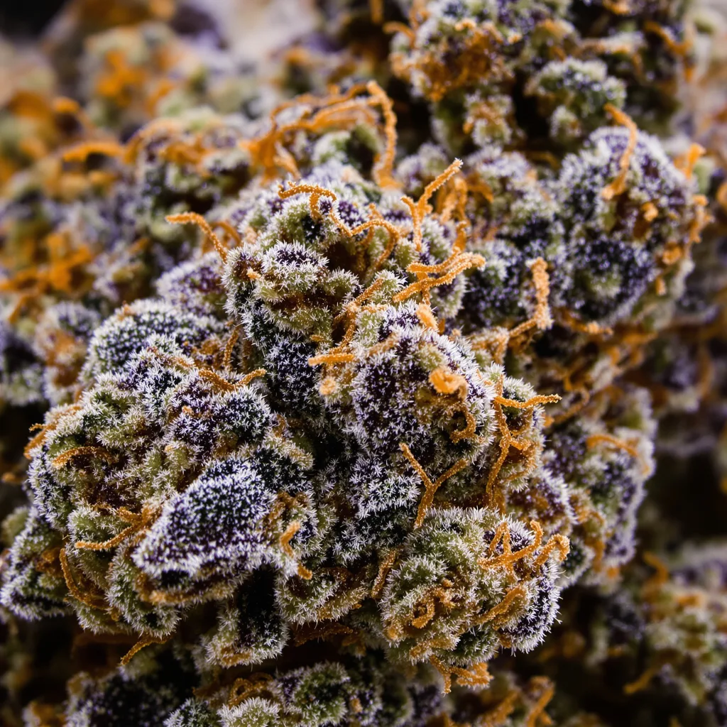 Gros plan de fleur de cannabis Mango montrant calices denses aux reflets violets
