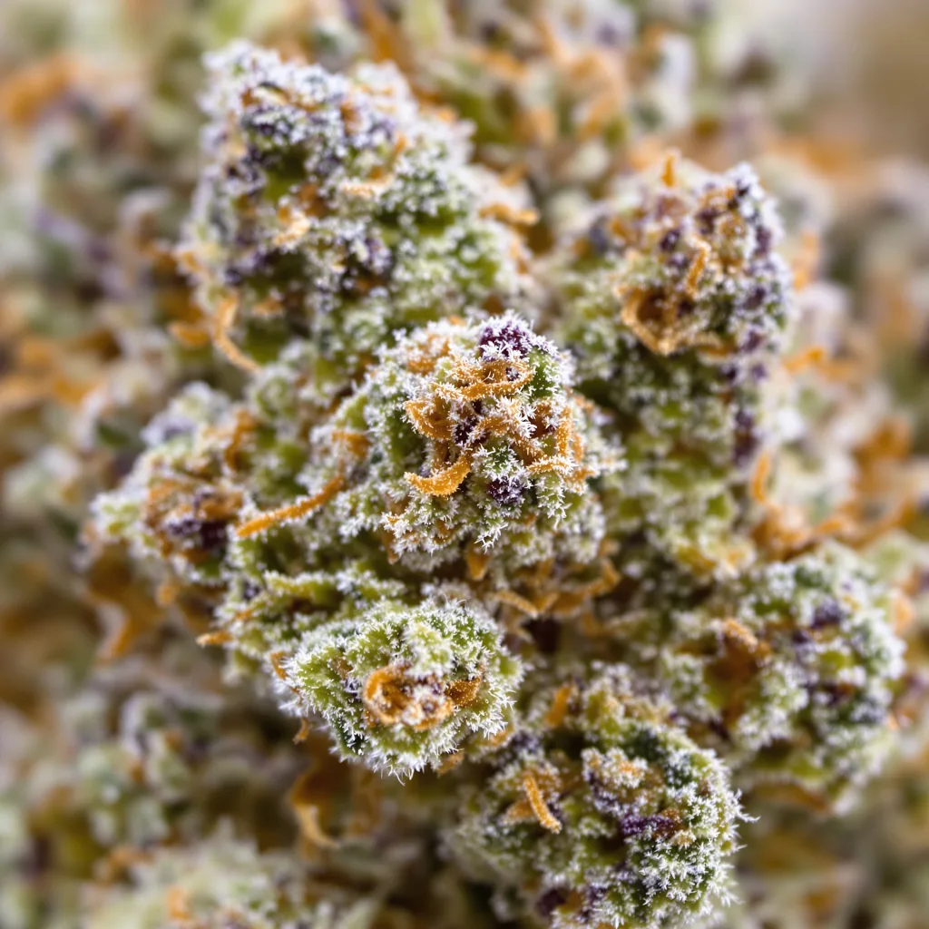 Gros plan de fleur de cannabis Mango Haze montrant structure ouverte avec pistils orangés