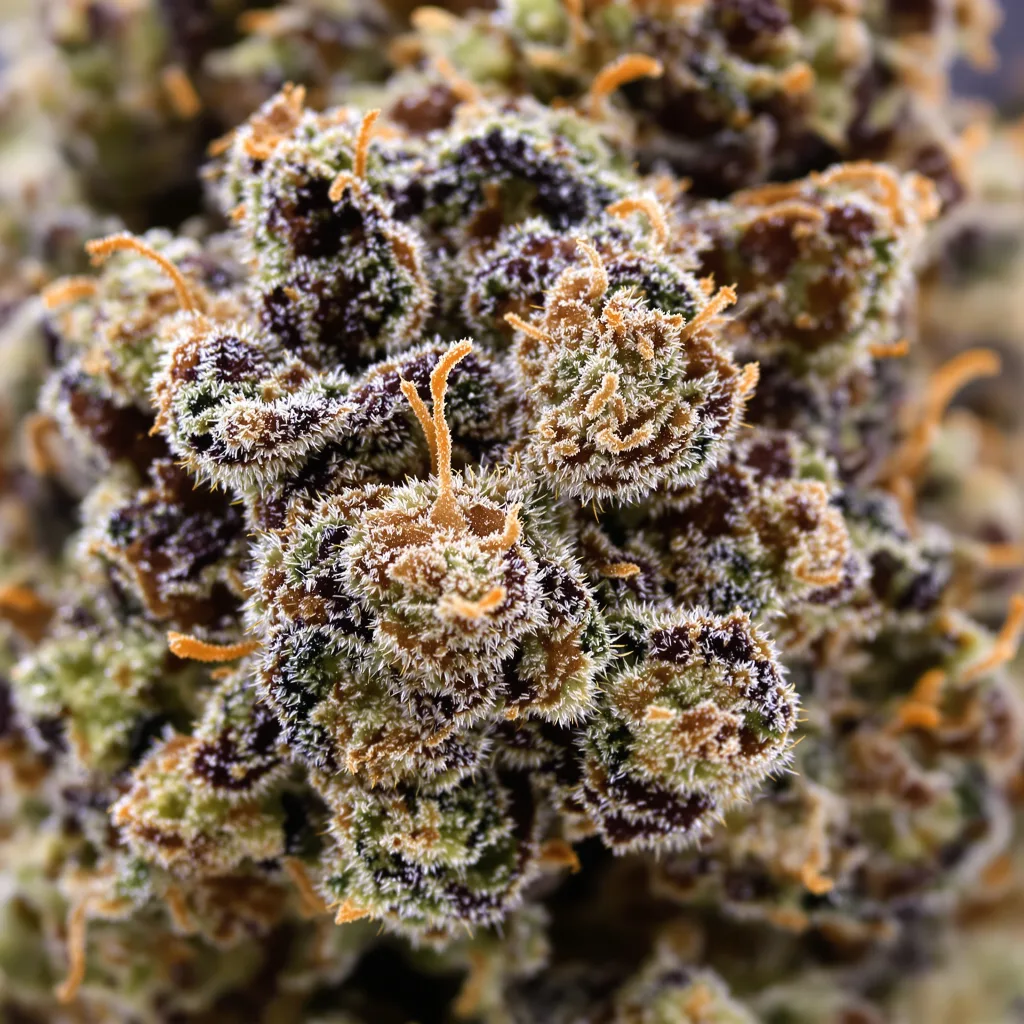 Gros plan de fleur de cannabis Mango Kush montrant calices denses aux reflets violets