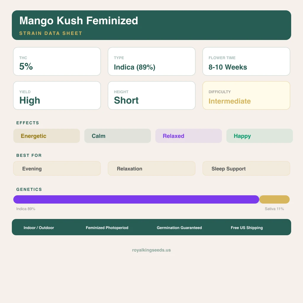 Mango Kush 89% indica / 11% sativa — fleur avec trichomes visibles
